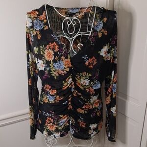 INC International Concepts Black Floral Ruched Blouse
